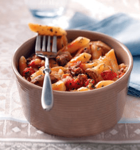 Penne with tomato sauce, sausage, & portobello mushrooms