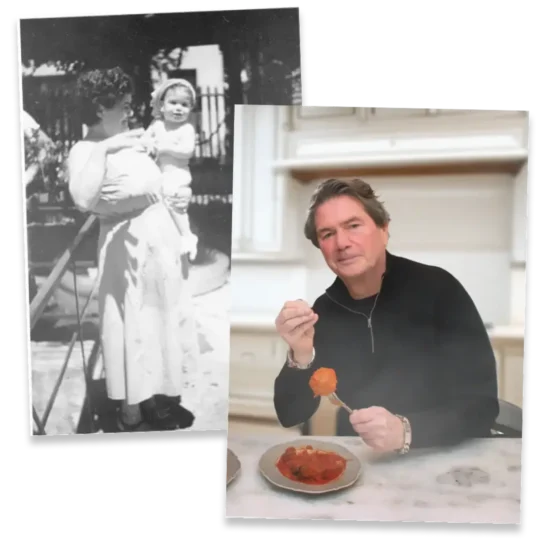 A vintage black-and-white photo of a woman holding a child is gracefully overlaid with a modern scene of a man enjoying Mama Mancini's meatballs at the table. _MamaMancinis