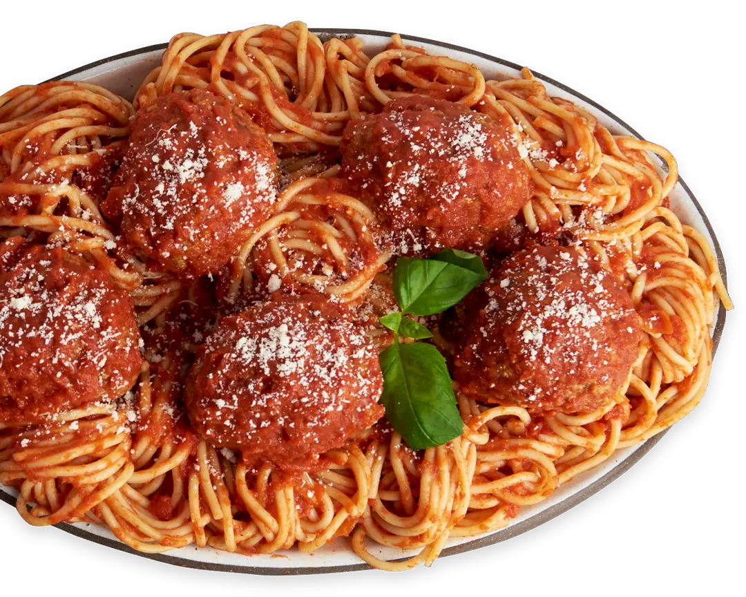 A plate of Mama Mancini's spaghetti topped with marinara sauce and five meatballs, garnished with a sprinkle of grated cheese and fresh basil leaves. _MamaMancinis