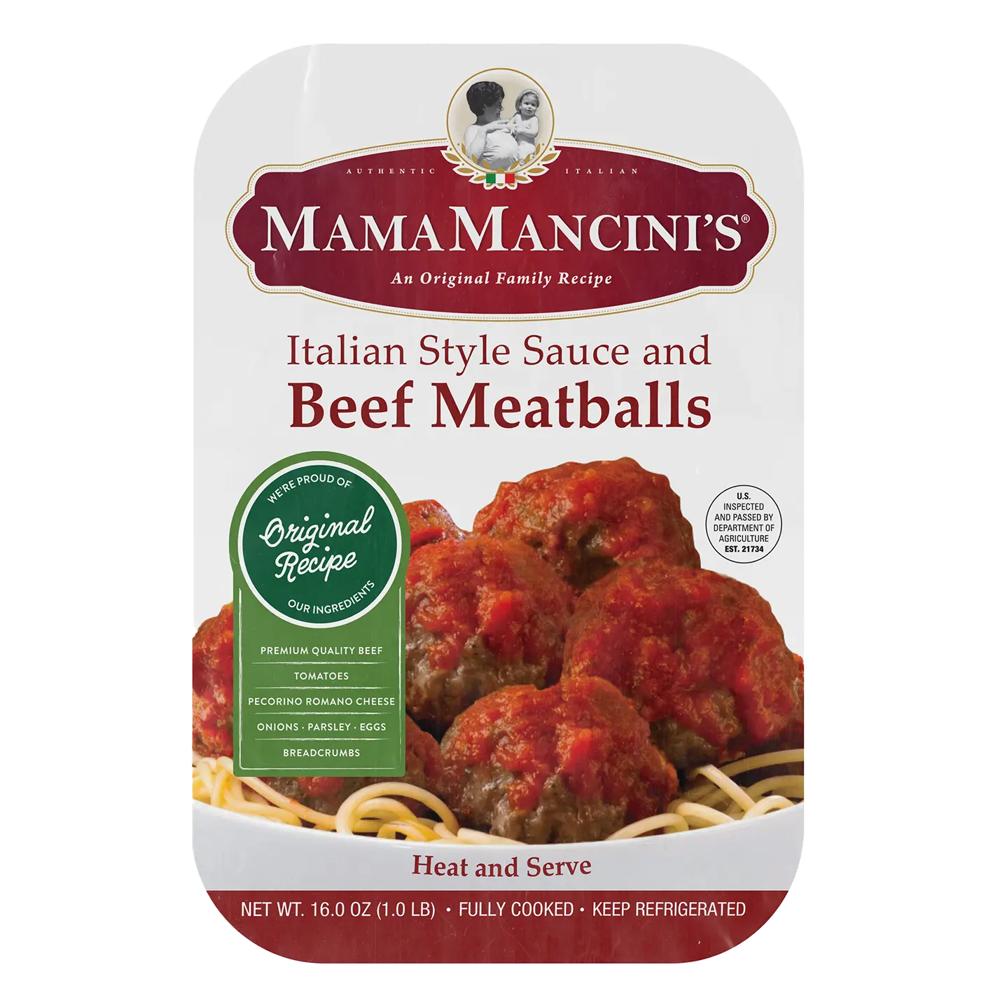 A package of MamaMancini’s Italian Meatballs with Italian Style Sauce showcases premium ingredients and an original family recipe. Weighing 16 ounces, these beef meatballs are ready to heat and serve for a quick, authentic taste of Italy. _MamaMancinis