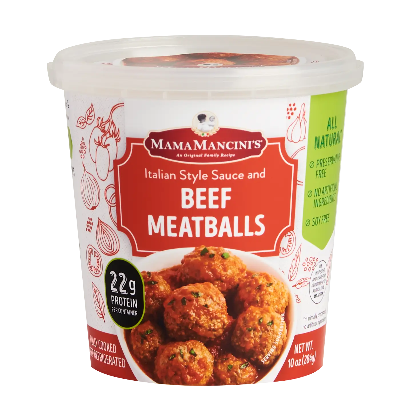 A container of Mama Mancinis Italian Style Sauce and Beef Meatballs, featuring an image of meatballs on the label. The container highlights 22g protein per container and all natural ingredients, with no preservatives or artificial additives. _MamaMancinis