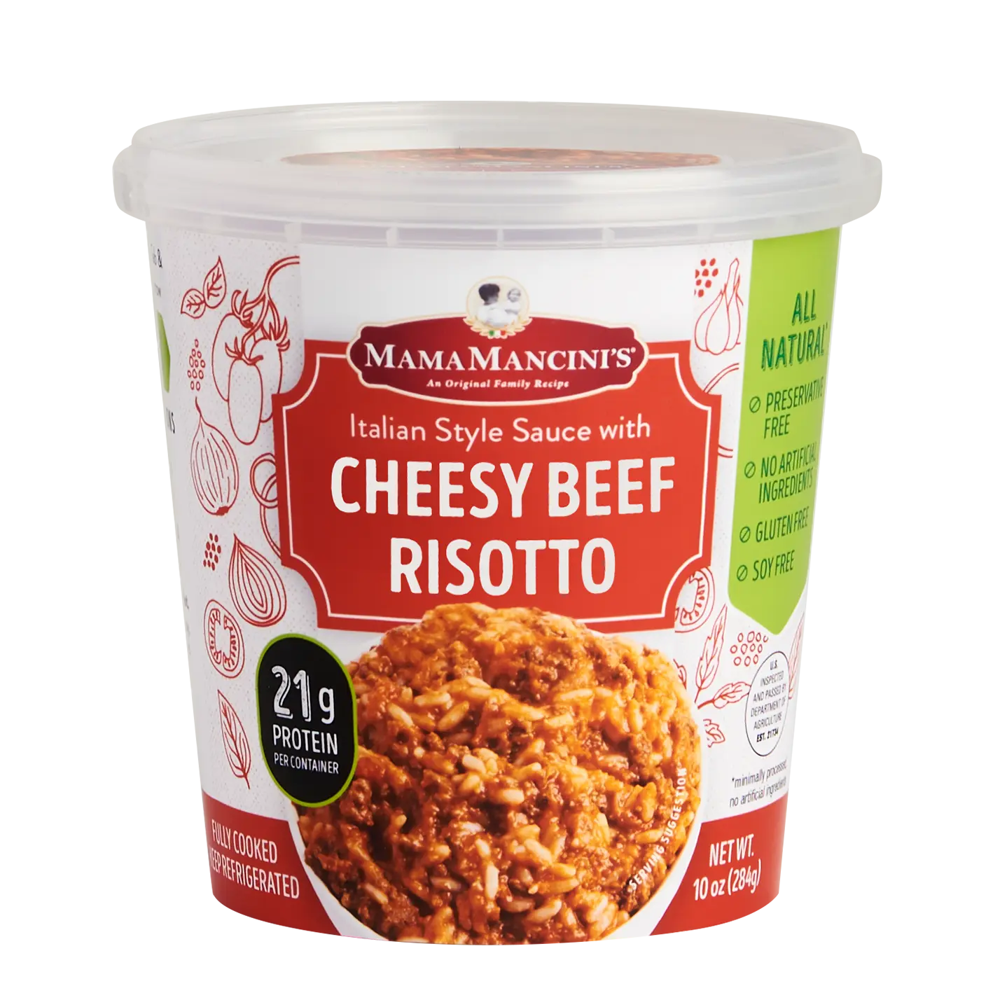 A container of Mama Mancinis Cheesy Beef Risotto is shown. The label highlights features such as Italian Style Sauce, All Natural, No Preservatives, No Artificial Ingredients, Gluten Free, and Soy Free. Net weight is 10 oz (284g). _MamaMancinis