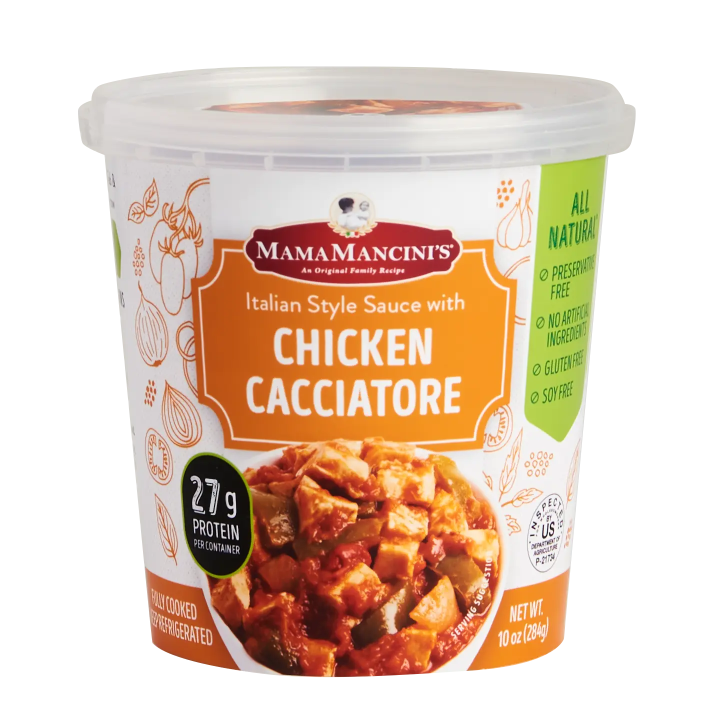 A container of Mama Mancinis Italian Style Sauce with Chicken Cacciatore. The packaging highlights features like 27g protein, all natural, preservative-free, and gluten-free. Net weight is 10 oz (284g). _MamaMancinis