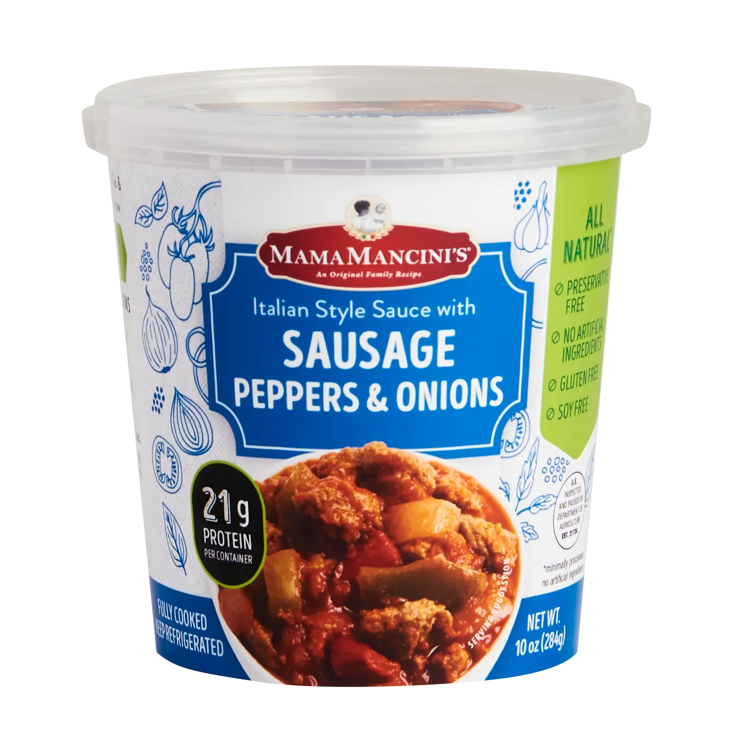 A container of Mama Mancinis Italian Style Sauce with Sausage, Peppers & Onions. The packaging highlights features like being all-natural, gluten-free, no artificial ingredients, and having 21g of protein per container. _MamaMancinis