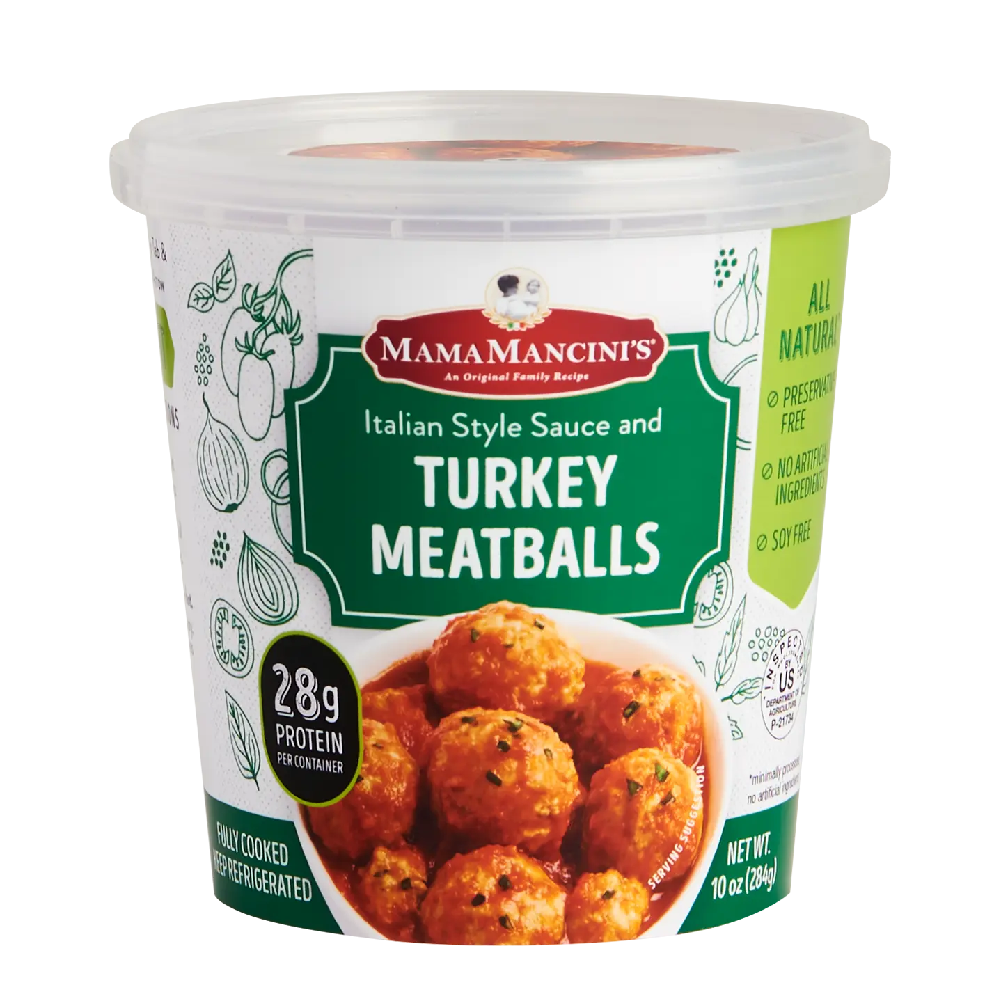 Container of Mama Mancinis Italian Style Sauce and Turkey Meatballs. Labeled as all-natural with no preservatives and 28g of protein per container. The clear tub displays meatballs in a rich sauce on the front label. _MamaMancinis