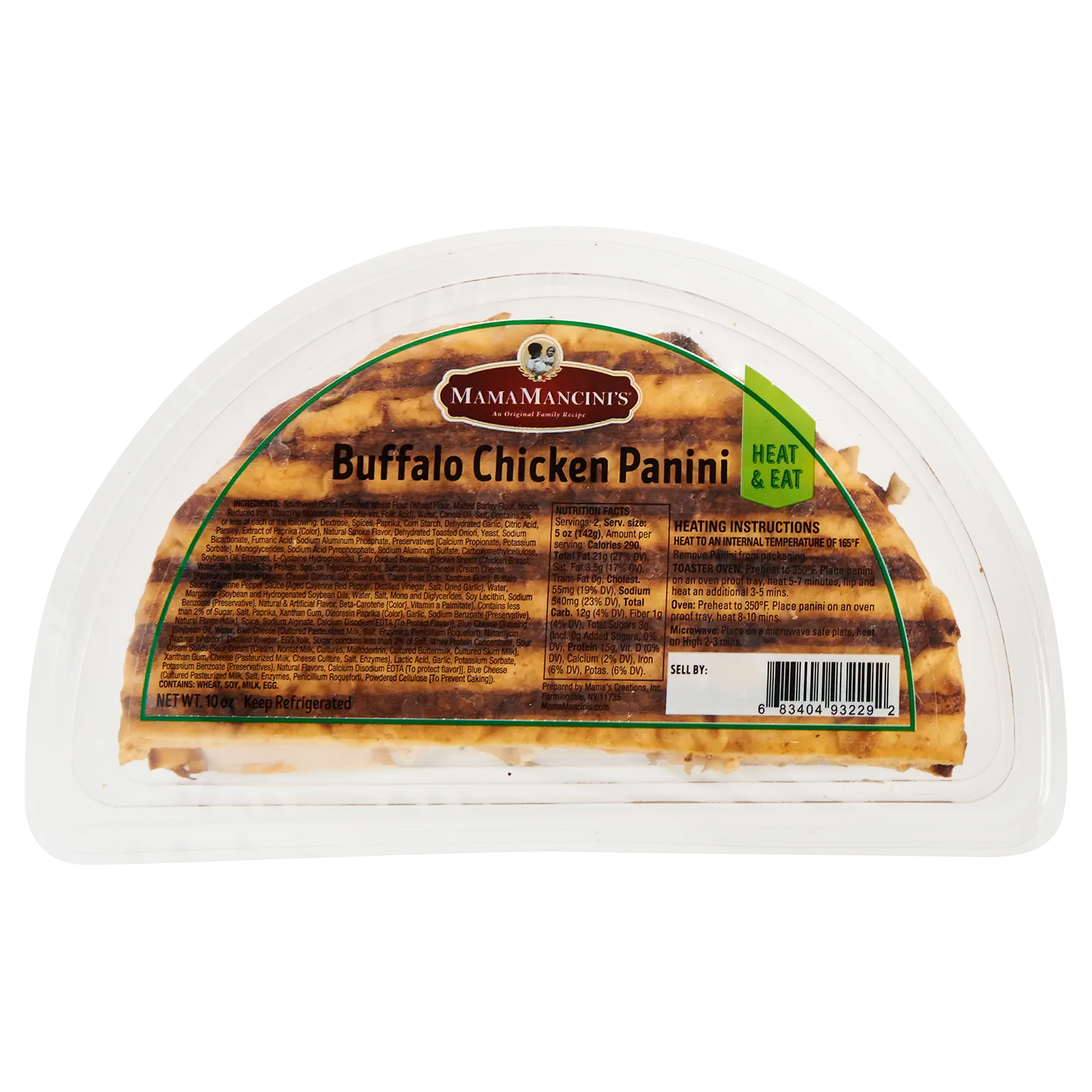 Packaging of Mama Mancinis Buffalo Chicken Panini, featuring heating instructions and product details on a clear plastic container. The label highlights Heat & Eat and shows a partially visible sandwich inside. _MamaMancinis