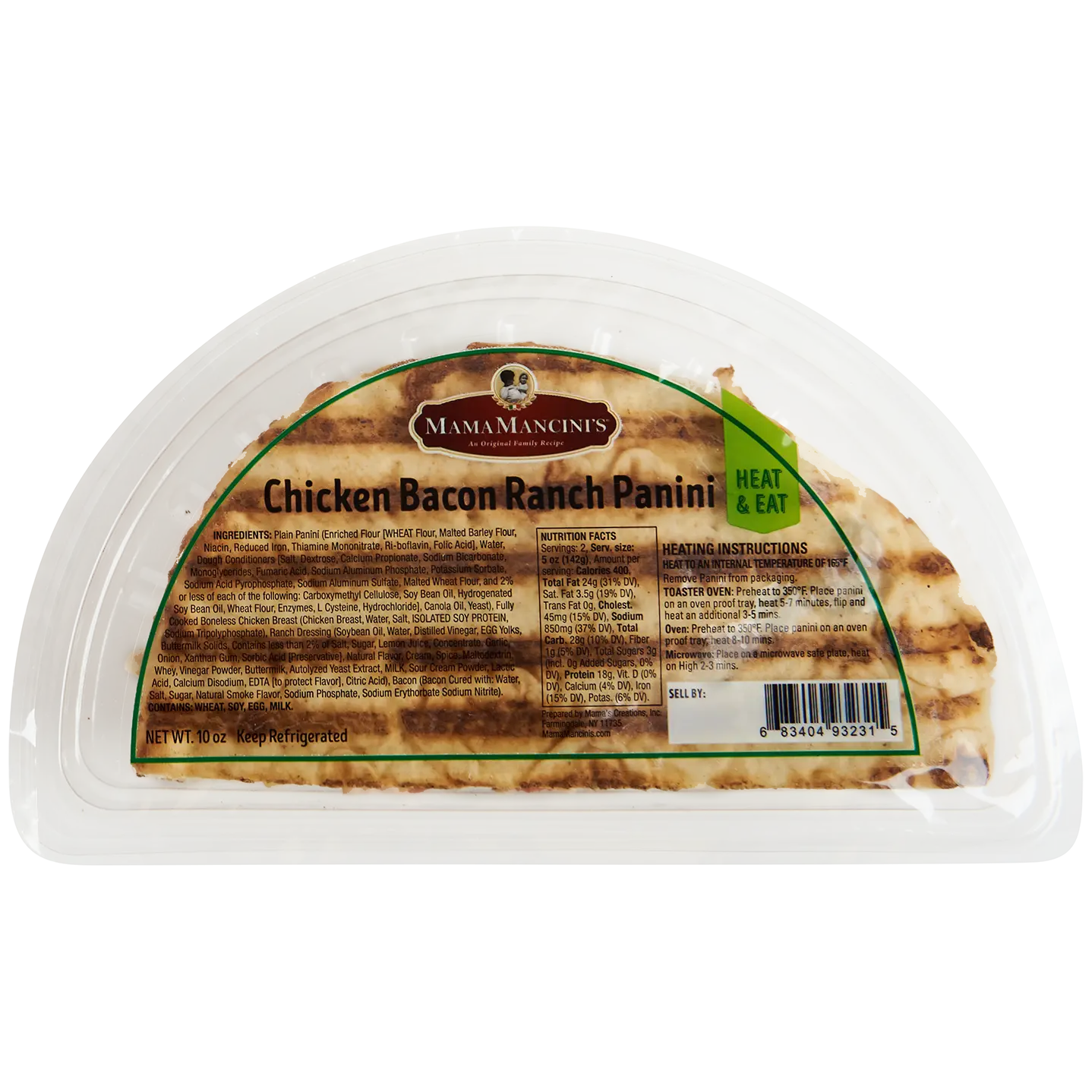 Plastic-wrapped chicken bacon ranch panini with bold label text. Instructions and ingredients are visible. Clear packaging shows grilled lines on the sandwich. Labeled Mama Mancinis with a green Heat & Eat tab on the packaging. _MamaMancinis