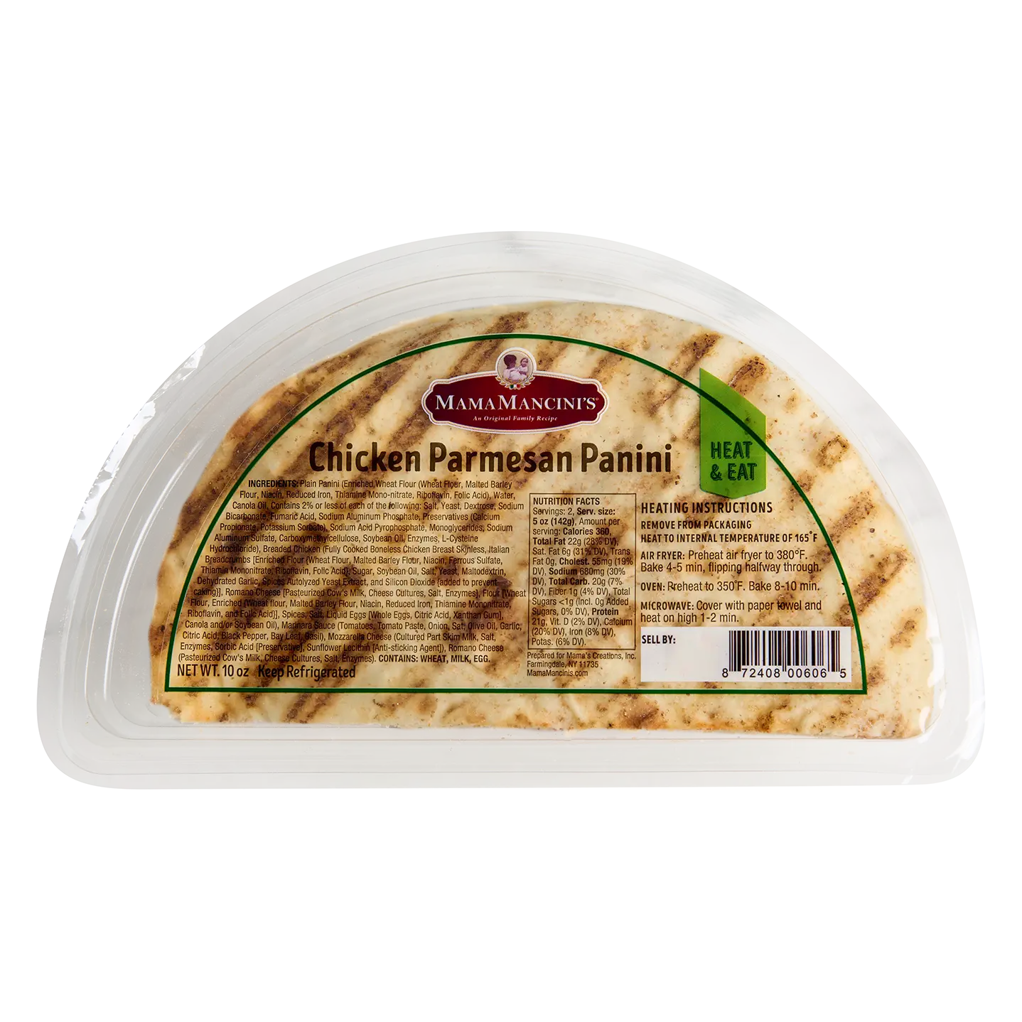 Packaging of Mama Mancini’s Chicken Parmesan Panini in a clear, semi-circular container. The label includes heating instructions and a Heat & Eat sticker. The packaged sandwich is visible through the plastic. _MamaMancinis