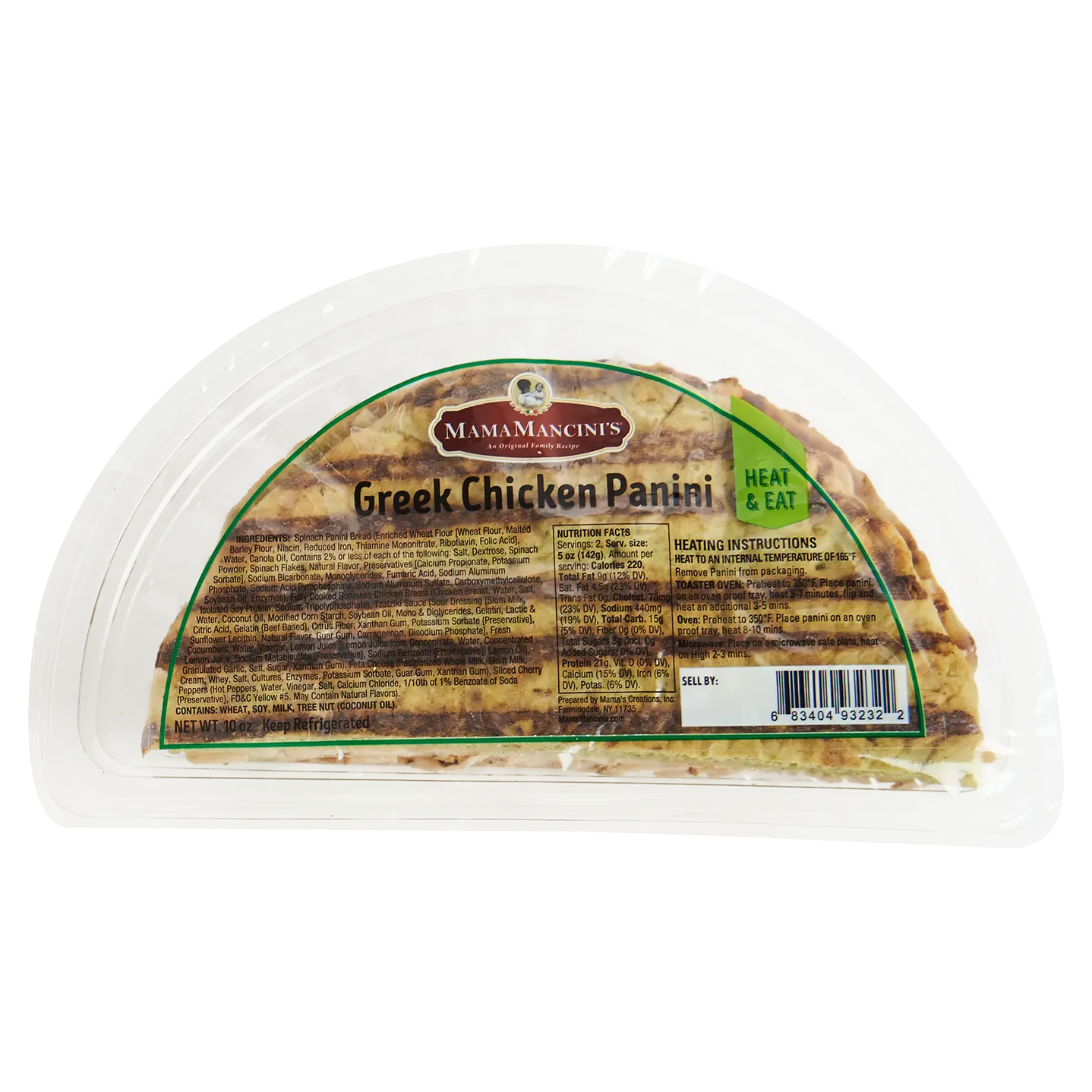 A plastic-wrapped Greek Chicken Panini is displayed, featuring a clear package with visible grill marks on the panini. The label includes the brand name Mama Mancinis and heating instructions. _MamaMancinis