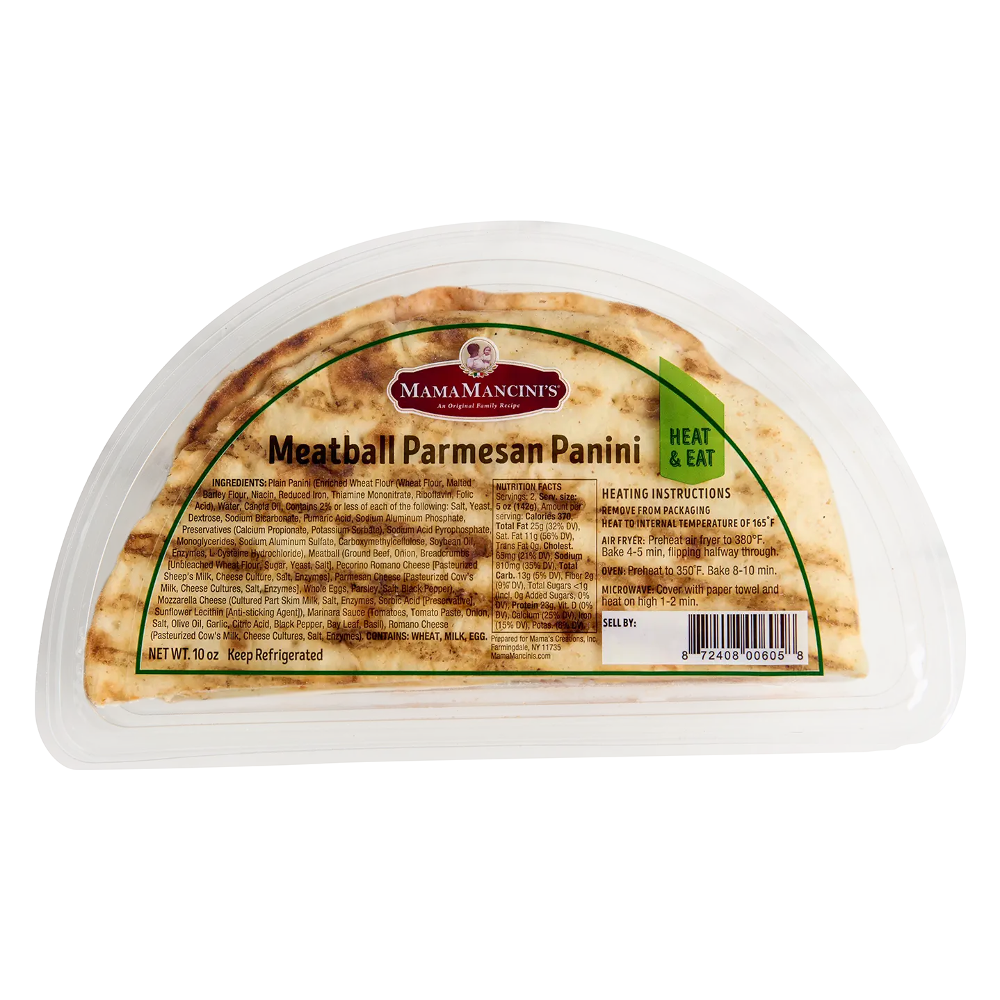 Packaged Meatball Parmesan Panini in a clear plastic container. The label shows brand name, heating instructions, and nutritional information. The packaging indicates Heat & Eat for convenience. _MamaMancinis