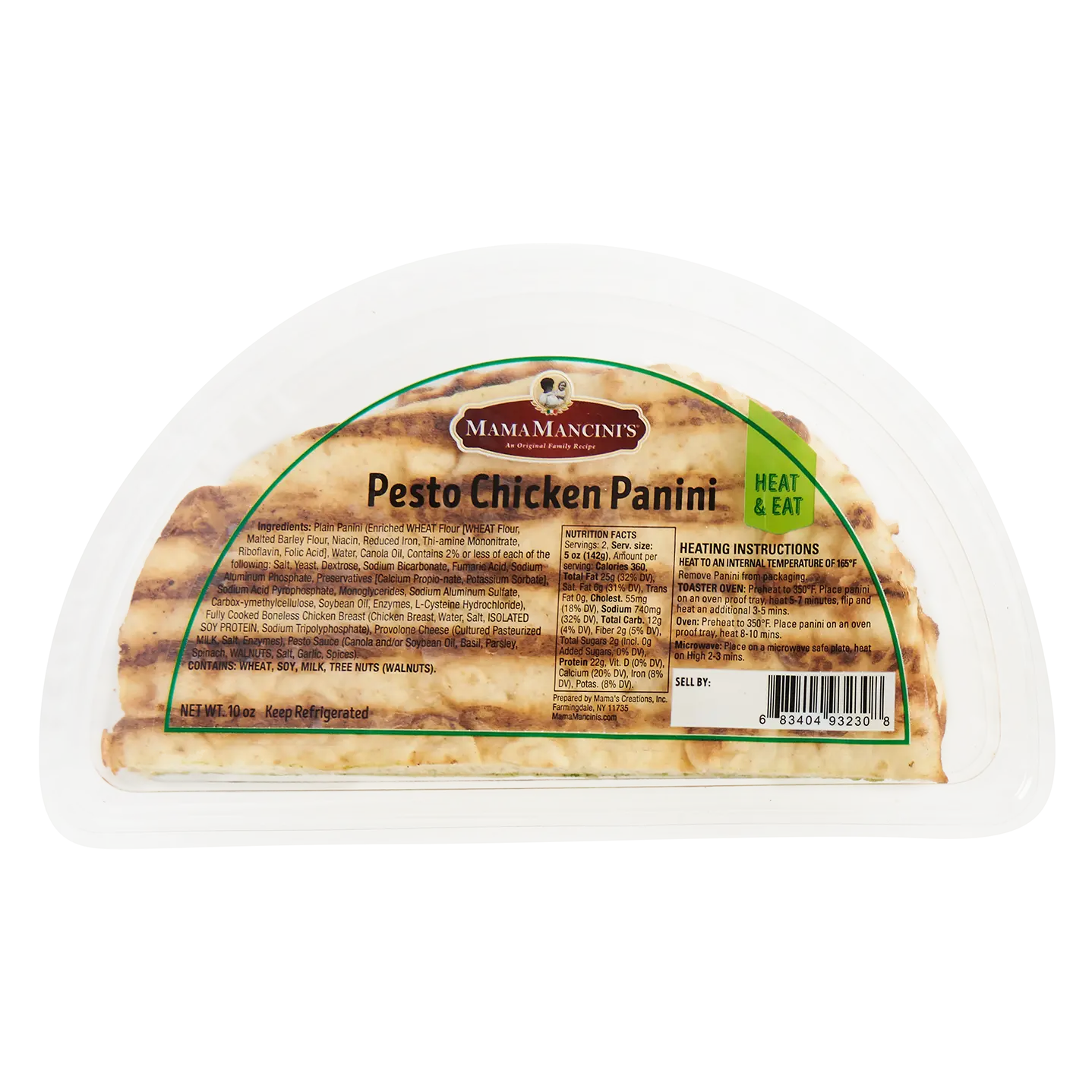 Packaging of Mama Mancinis Pesto Chicken Panini. The front label includes product name, heating instructions, and a visible barcode. The packaging is semi-circular with a transparent cover showing grilled panini inside. _MamaMancinis