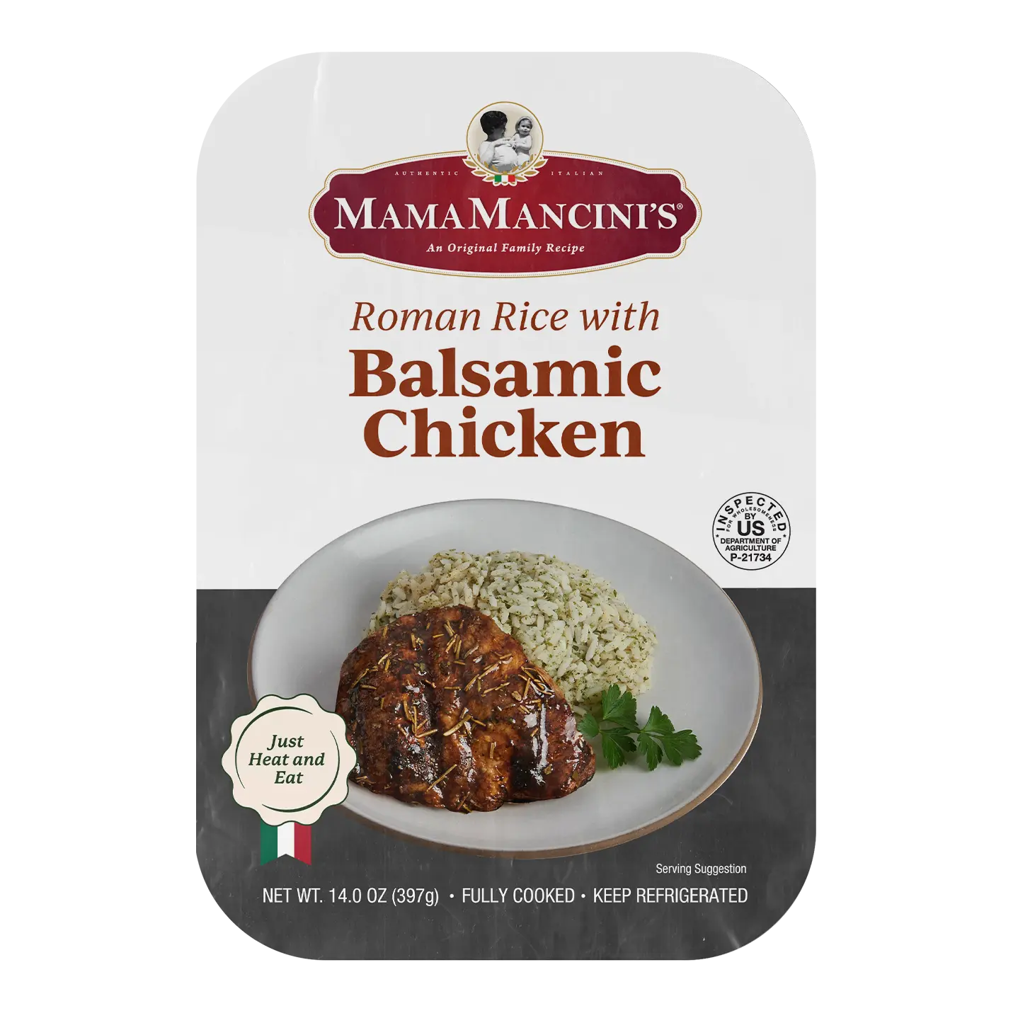 Packaging of Mama Mancinis Roman Rice with Balsamic Chicken meal, featuring an image of the dish with balsamic-glazed chicken and rice pilaf on a white plate garnished with parsley. Text reads Just Heat and Eat, highlighting its convenience. _MamaMancinis