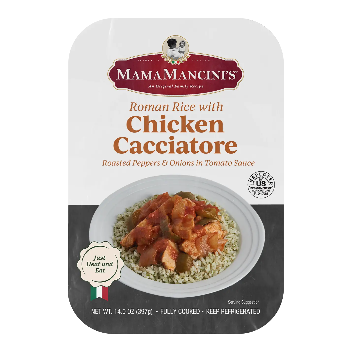 Packaging of Mama Mancinis Roman Rice with Chicken Cacciatore, featuring roasted peppers and onions in tomato sauce. The meal is fully cooked and weighs 14 ounces. The package includes a serving suggestion image. _MamaMancinis