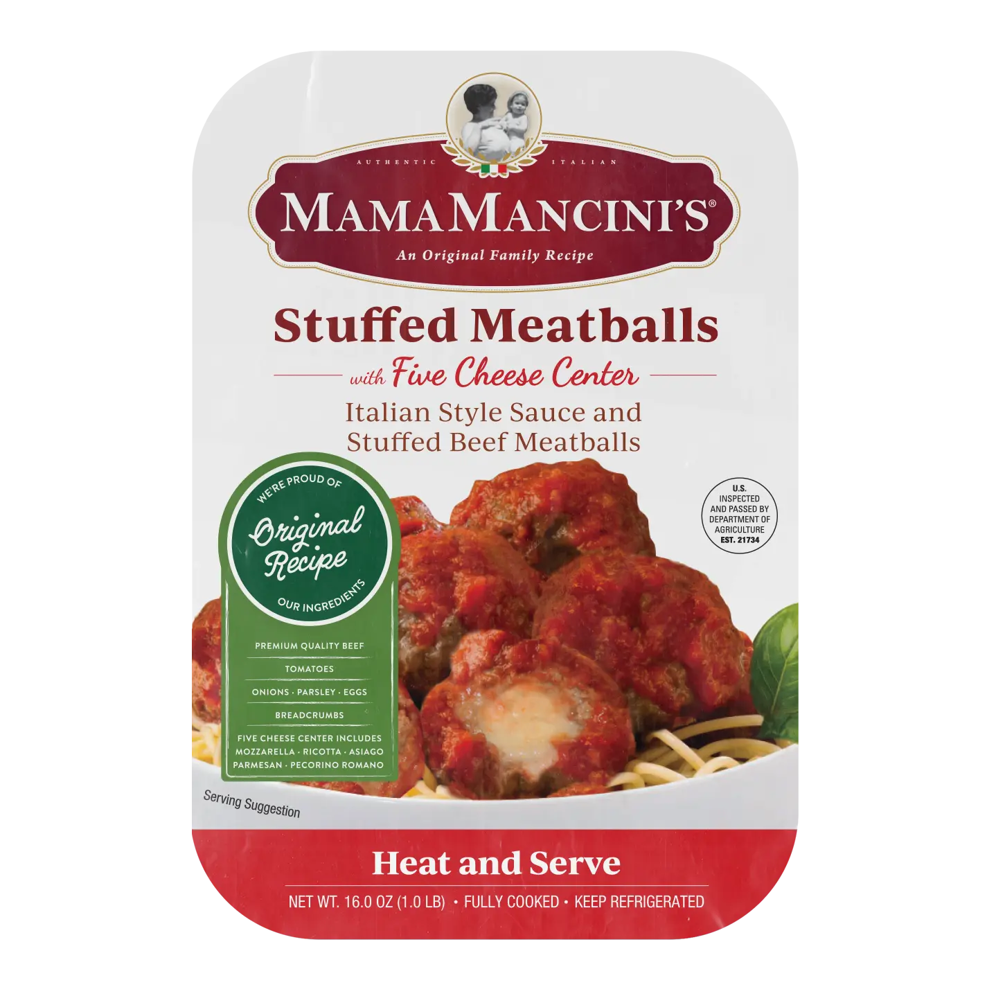 Packaging for Mama Mancinis Stuffed Meatballs, featuring Italian style sauce and stuffed beef meatballs with five cheese center. The label shows a serving suggestion with meatballs, sauce, and pasta on a plate. _MamaMancinis