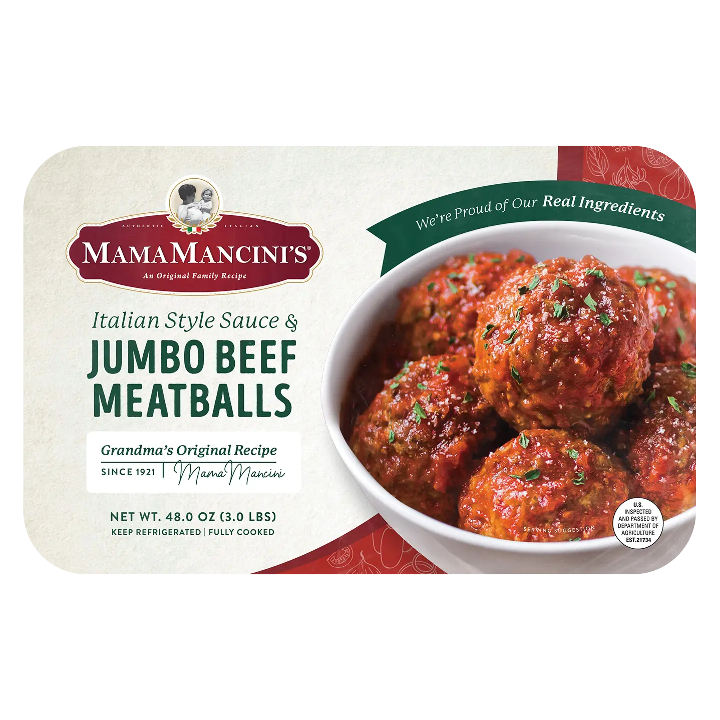 Packaging of MamaMancinis Jumbo Beef Meatballs in Italian Style Sauce. The label highlights Grandmas Original Recipe since 1921 and promises real ingredients. The package shows a bowl of meatballs garnished with herbs. _MamaMancinis