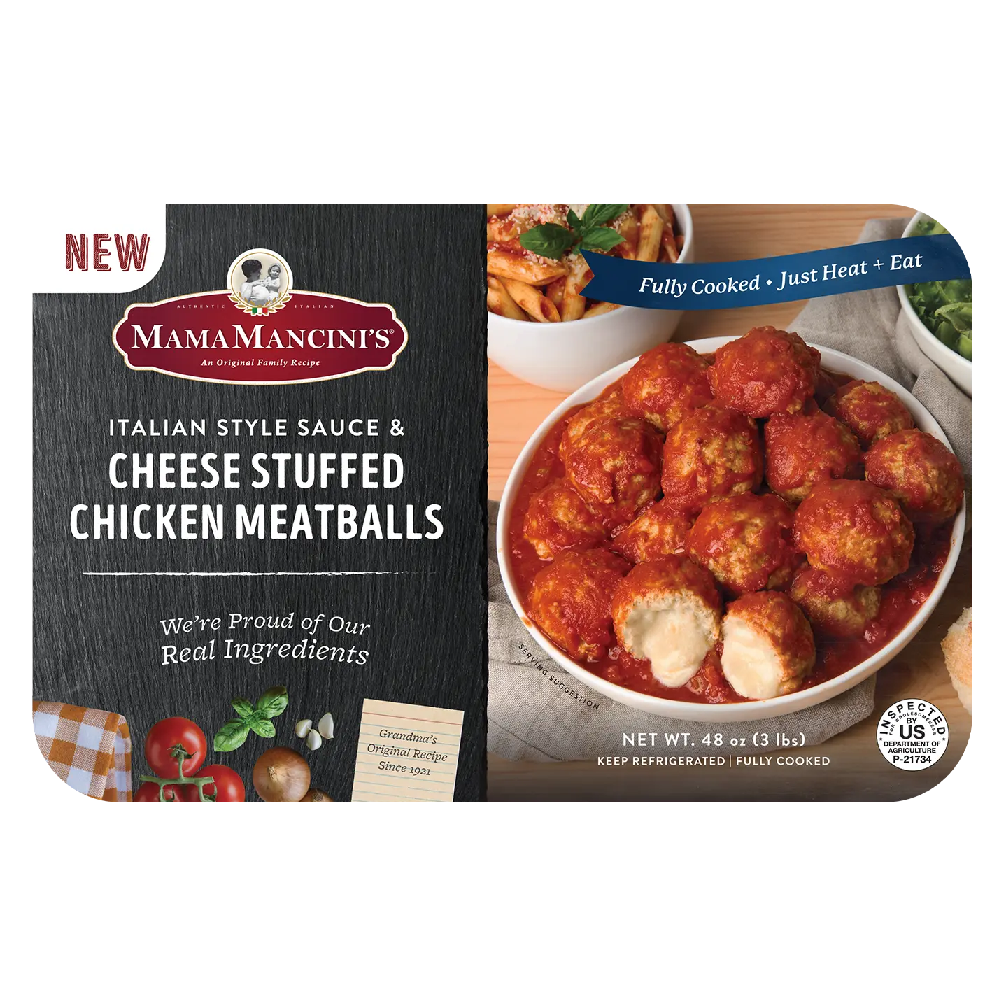 Packaging of Mama Mancini's Cheese Stuffed Chicken Meatballs at Costco showcases an appetizing image of meatballs in tomato sauce. The label assures they are fully cooked, with text emphasizing the use of real ingredients. _MamaMancinis