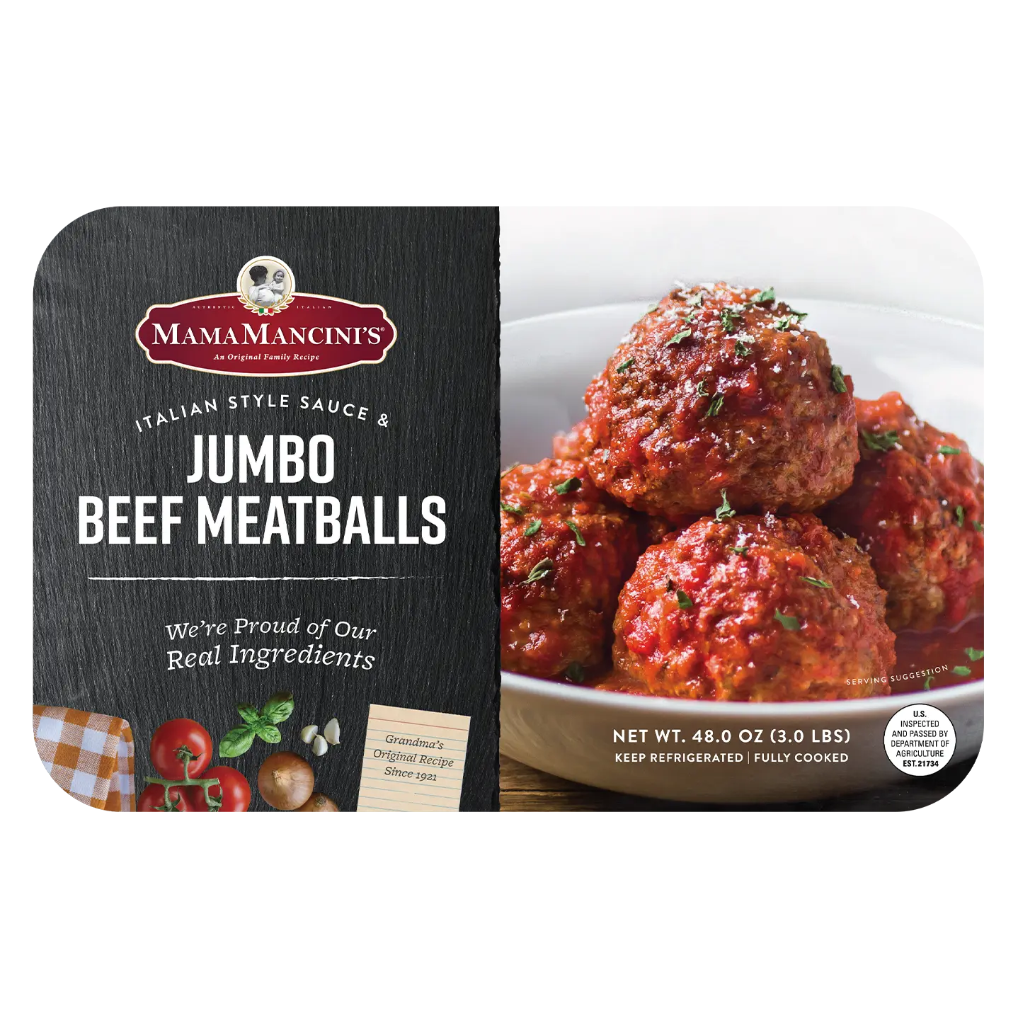 Mama Mancini's Jumbo Beef Meatballs packaging features a bowl of meatballs in rich red sauce, garnished with herbs. The text highlights Italian Style Sauce and proudly emphasizes real ingredients. Available in a 48 oz pack at Costco, perfect for family dinners or gatherings. _MamaMancinis