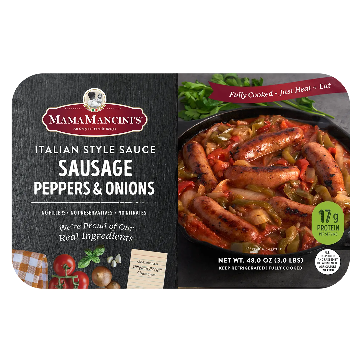 Packaging of Mama Mancini's Italian Style Sauce with sausage, peppers, and onions, available at Costco. The label highlights no preservatives or nitrates, 17g protein per serving, and features a dish with sausages and vegetables in sauce. Net weight is 48 oz. _MamaMancinis