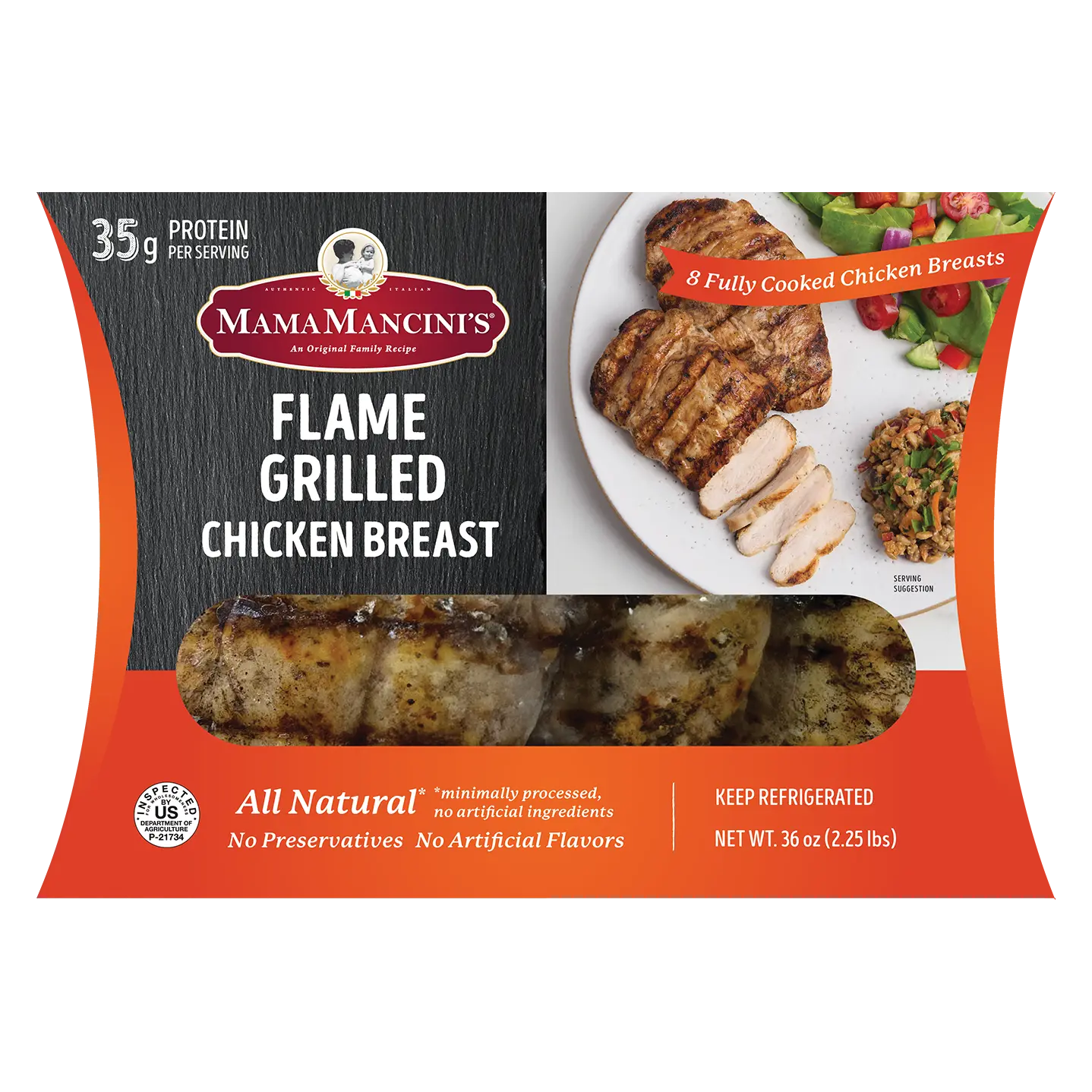 Discover Mama Mancini's Flame Grilled Chicken Breast, available at Costco. Each serving packs 35g of protein, boasting all-natural ingredients with no preservatives or artificial flavors. The 36 oz package features an appetizing image of grilled chicken paired with fresh vegetables. _MamaMancinis