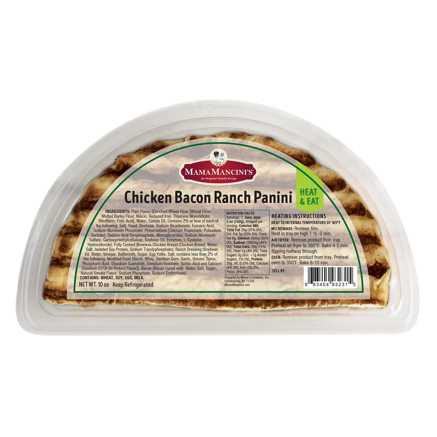 A packaged Chicken Bacon Ranch Panini by Mama Mancinis in a clear plastic container features a labeled sticker with ingredients, heating instructions, and Heat & Eat in green text. The grilled Chicken Bacon Ranch Panini is visible inside. _MamaMancinis