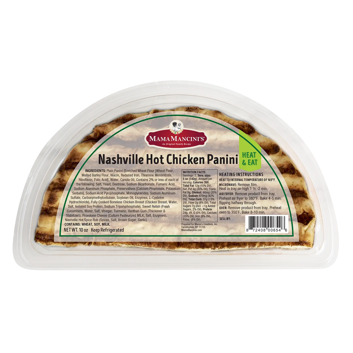 A packaged MamaMancini’s Nashville Hot Chicken Panini, visible through a clear plastic container. The label lists ingredients, heating instructions, and features the bold Nashville Hot Chicken product name. _MamaMancinis