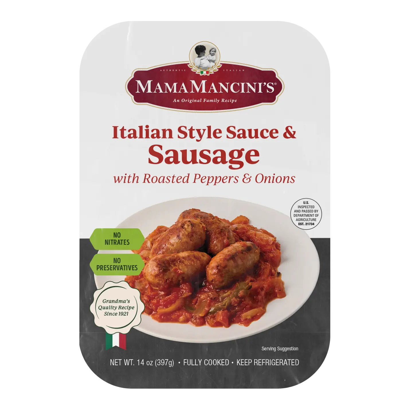 Packaging of MamaMancini's Italian Style Sauce & Sausage Peppers with Onions. The front displays savory sausages in rich tomato sauce, labeled No Nitrates and No Preservatives. Weighing 14 oz (397g), it's fully cooked and should be refrigerated for optimal freshness. _MamaMancinis