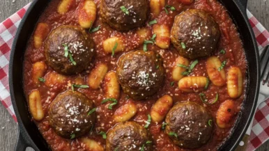 Meatballs and skillet gnocchi in tomato sauce, garnished with grated cheese and fresh basil, served in a black pan on a red and white checkered cloth—perfect for lovers of easy skillet recipes. _MamaMancinis