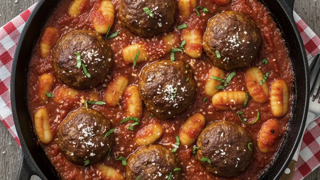 Meatballs and skillet gnocchi in tomato sauce, garnished with grated cheese and fresh basil, served in a black pan on a red and white checkered cloth—perfect for lovers of easy skillet recipes. _MamaMancinis