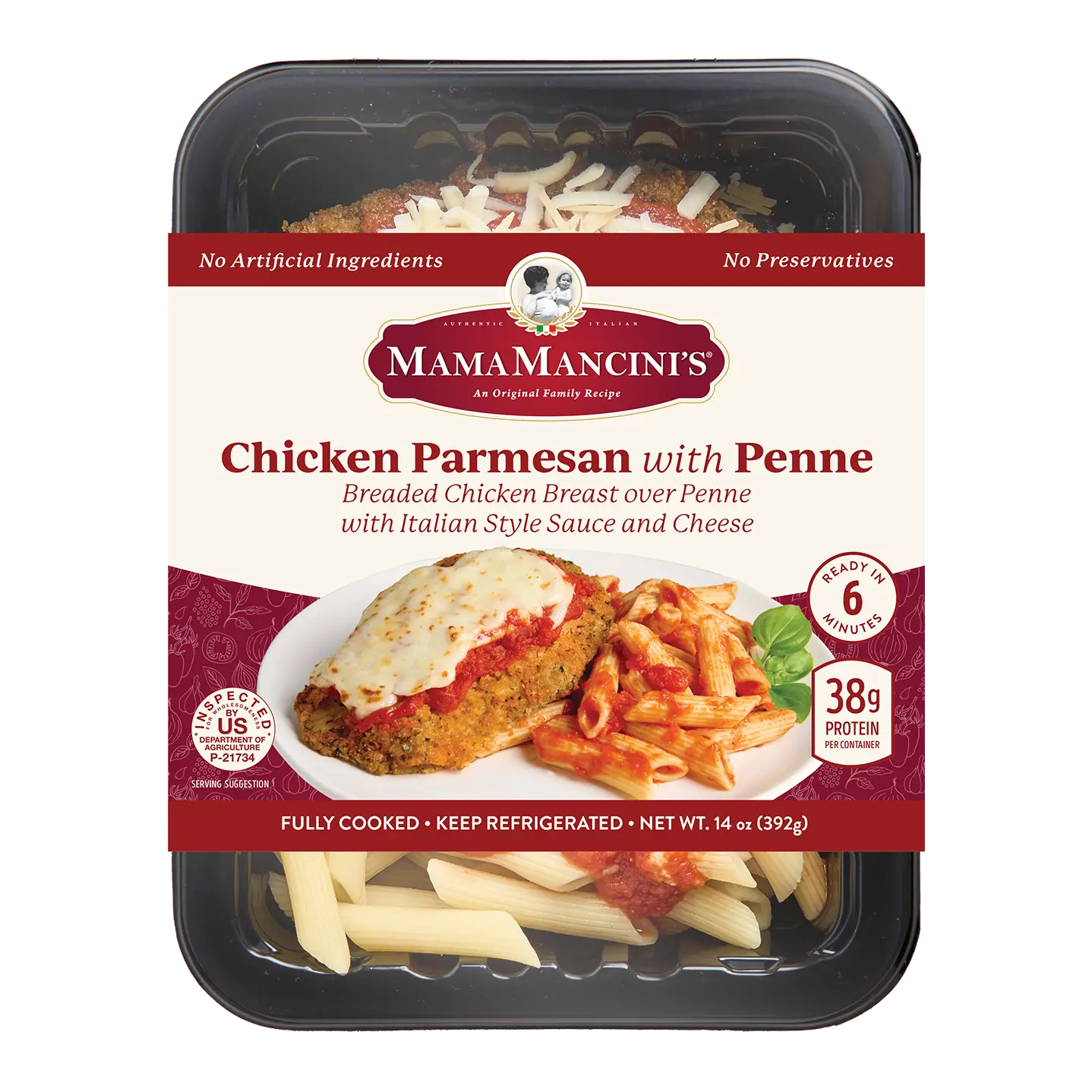 A packaged meal labeled Mama Mancinis Chicken Parmesan with Penne, featuring breaded chicken with marinara sauce, shredded cheese, and penne pasta. The label highlights 38g protein, fully cooked Chicken Parmesan, and ready in 6 minutes. _MamaMancinis