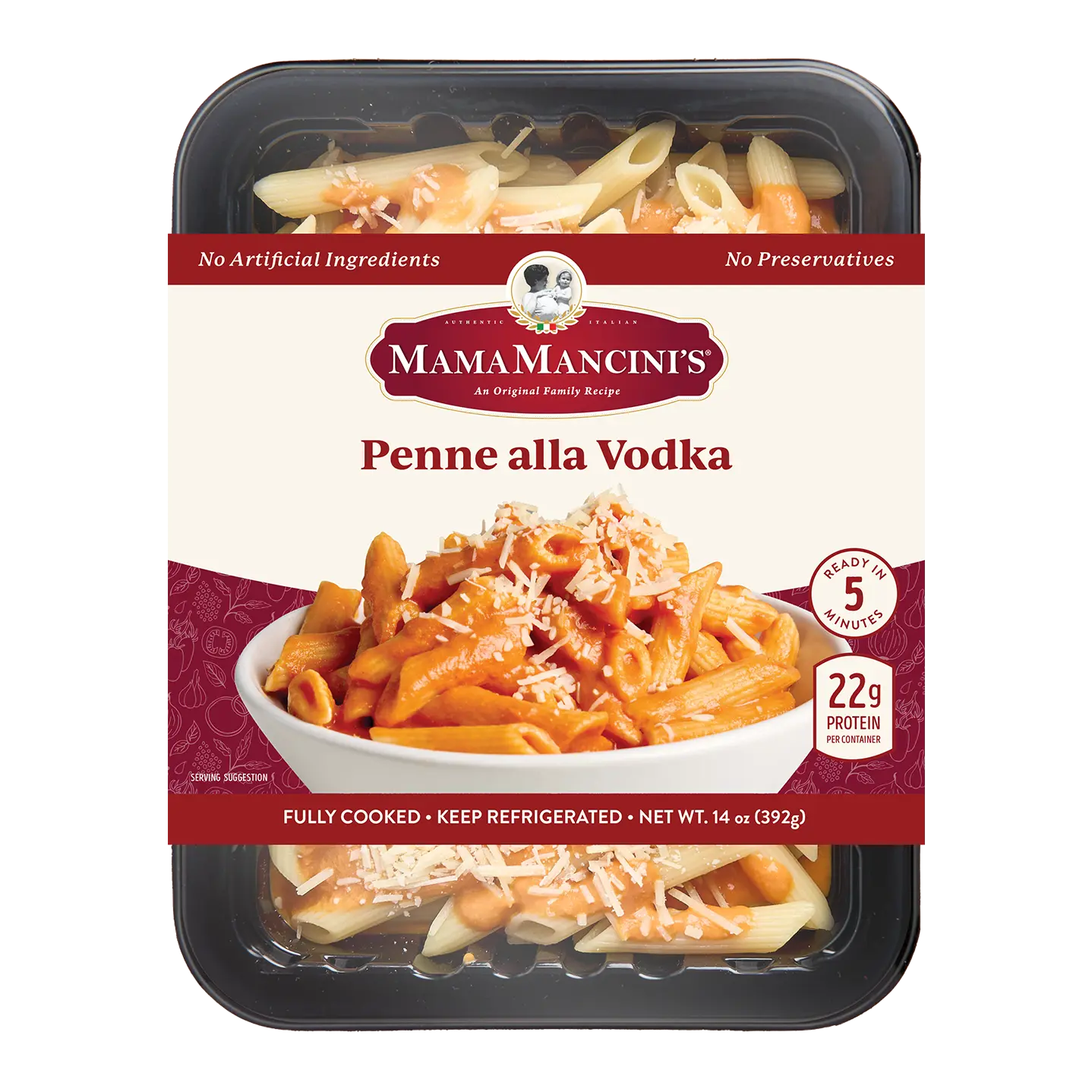 A package of Mama Mancinis Penne alla Vodka, featuring authentic Italian recipe pasta in vodka sauce topped with cheese, labeled as fully cooked, 22g protein per serving, no artificial ingredients, and ready in 5 minutes. _MamaMancinis