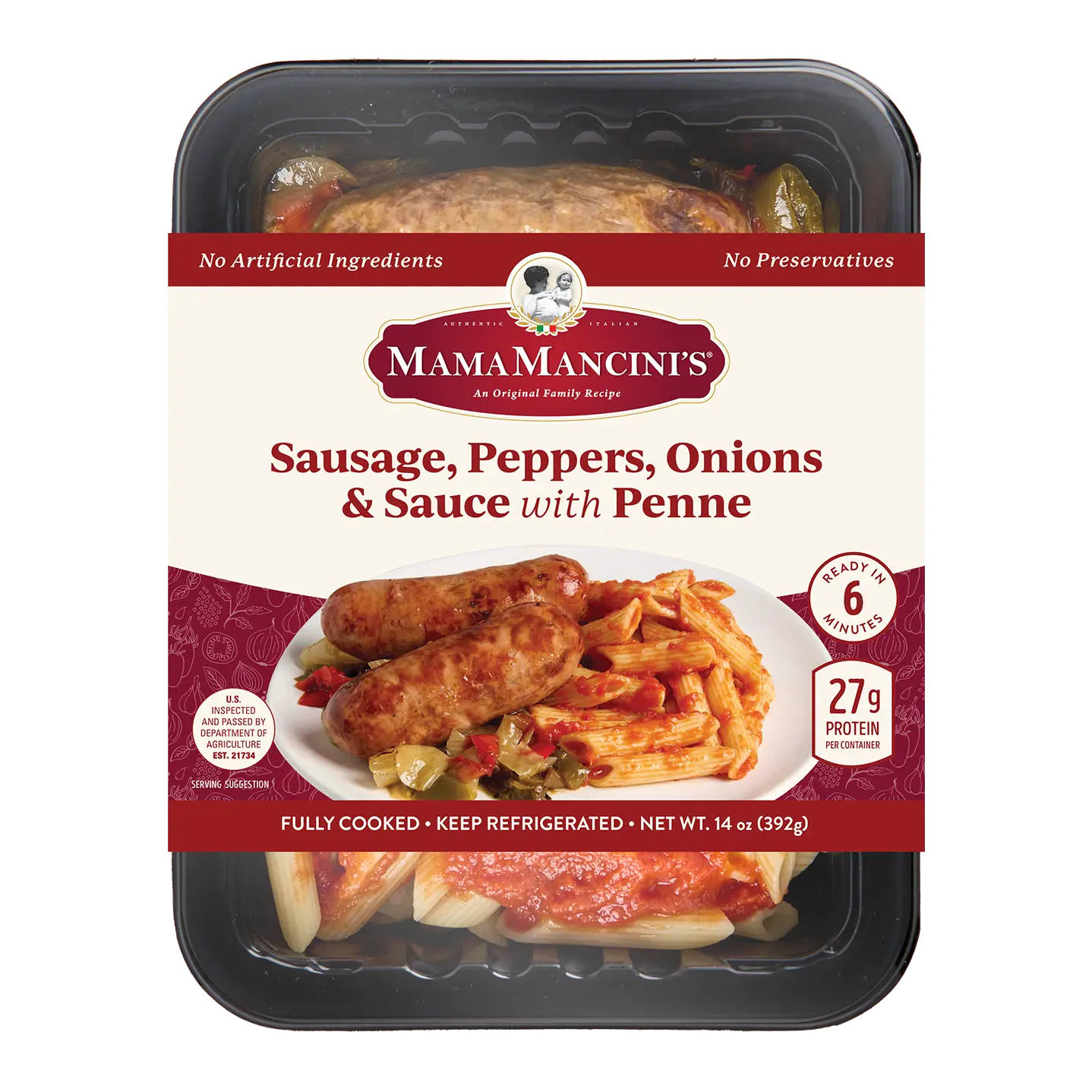 Mama Mancini’s packaged meal featuring sausage, peppers, onions, and penne pasta in sauce, shown in a black tray with a labeled red and white wrapper highlighting key features and nutritional information. _MamaMancinis