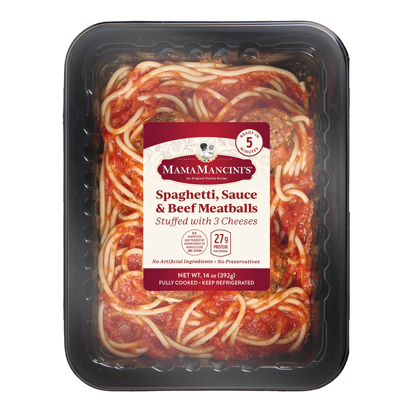 A plastic tray of MamaMancinis Spaghetti, Sauce & Beef Meatballs Stuffed with Three Cheeses, featuring spaghetti in tomato sauce with visible beef meatballs, labeled with nutrition and storage information. _MamaMancinis