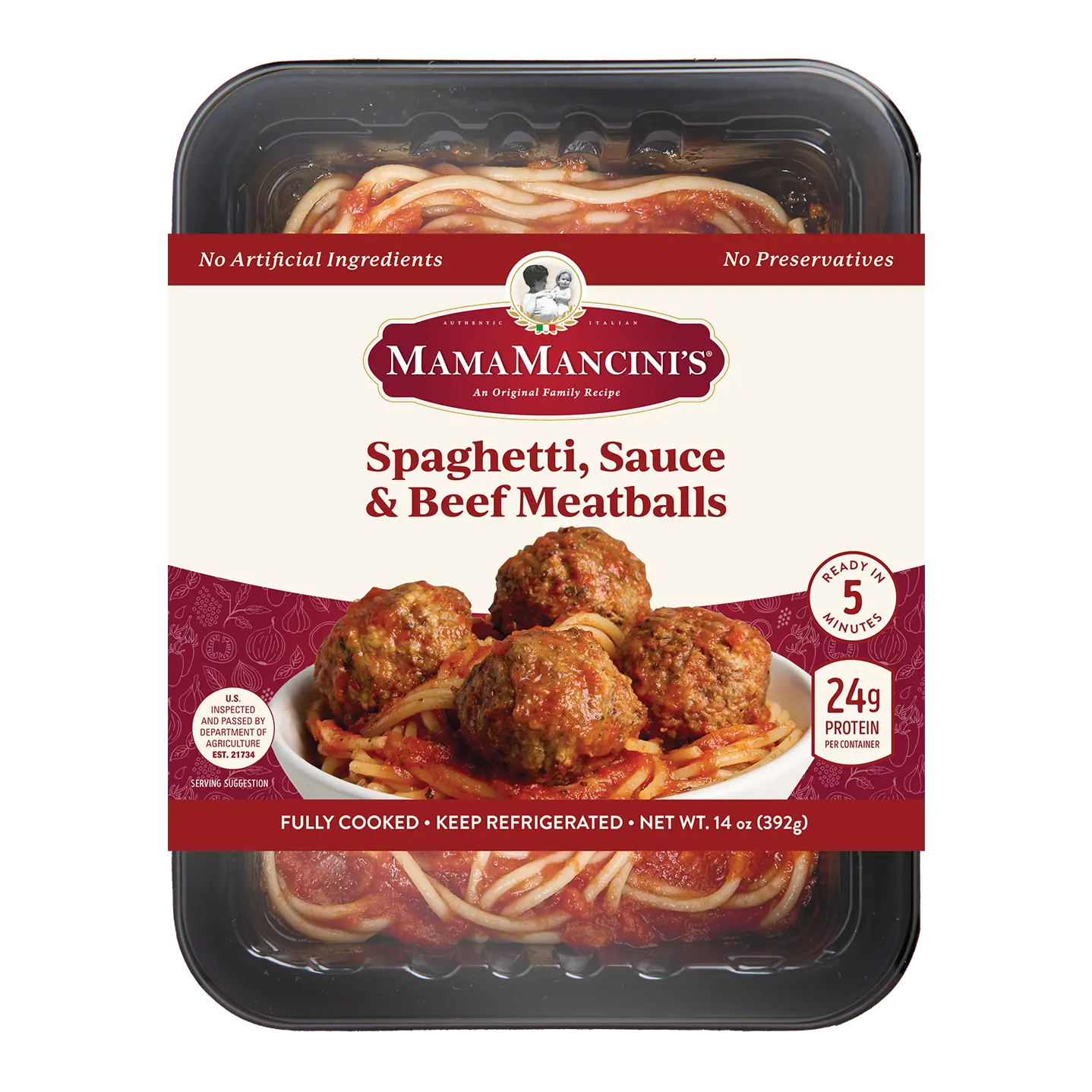 MamaMancinis Spaghetti with Beef Meatballs in rich tomato sauce features cooked spaghetti, 24g protein, no artificial ingredients, and heats in just 5 minutes. _MamaMancinis