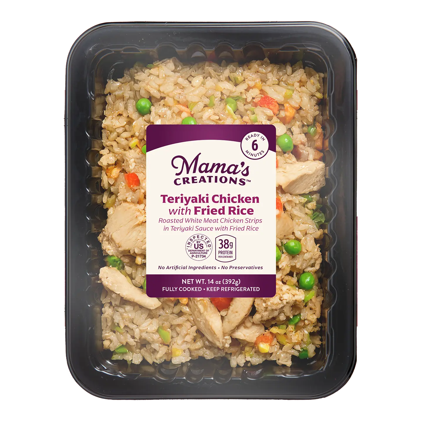 A black plastic tray containing teriyaki chicken with fried rice, peas, and carrots, labeled Mamas Creations Teriyaki Chicken with Fried Rice on a purple and white sticker—ready to eat in 6 minutes. Try our Spaghetti & Beef Meatballs or Three Cheeses variety too!. _MamaMancinis